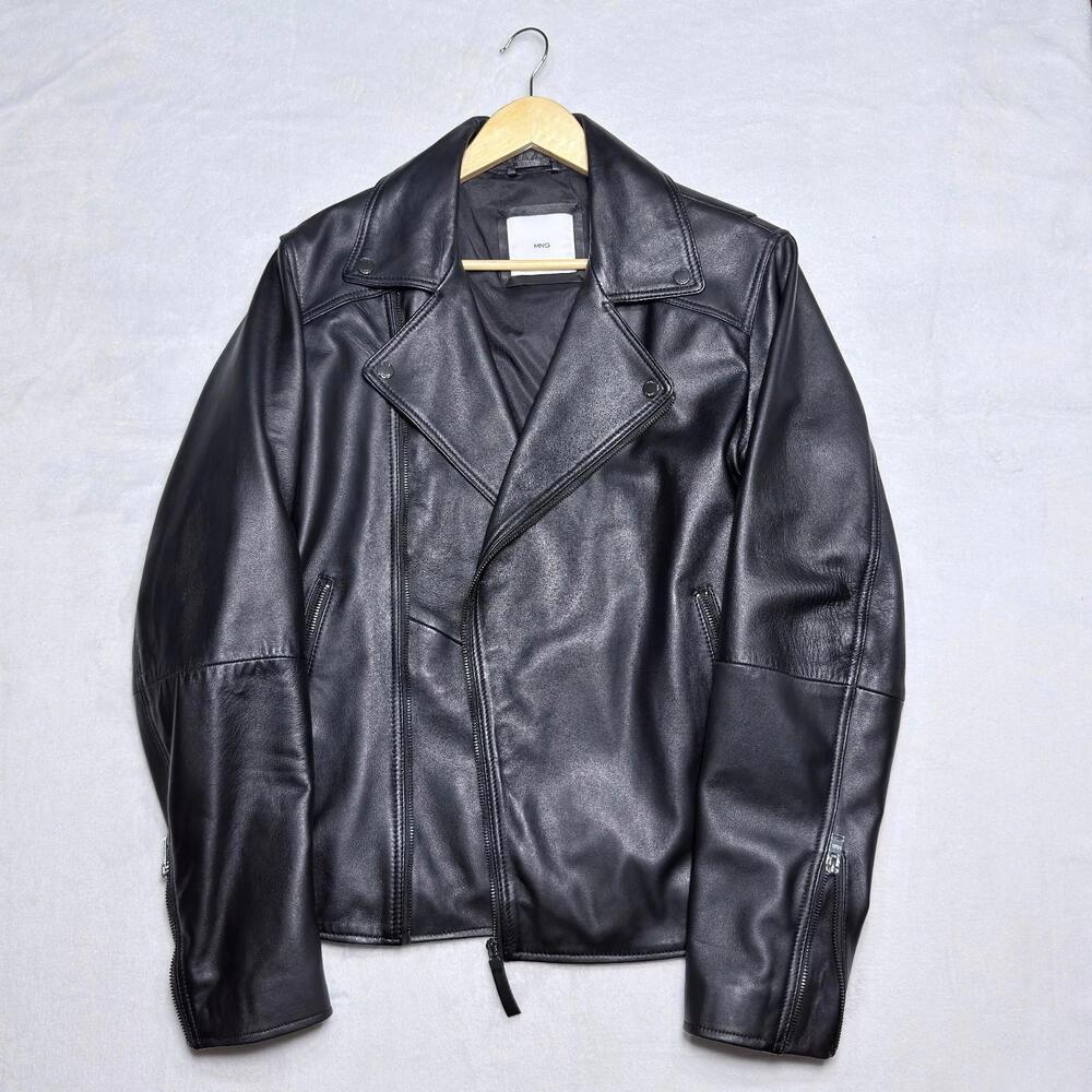 NWOT Mango Man Sheepskin Biker Jacket Men's Medium Black Motorcycle Asymmetric